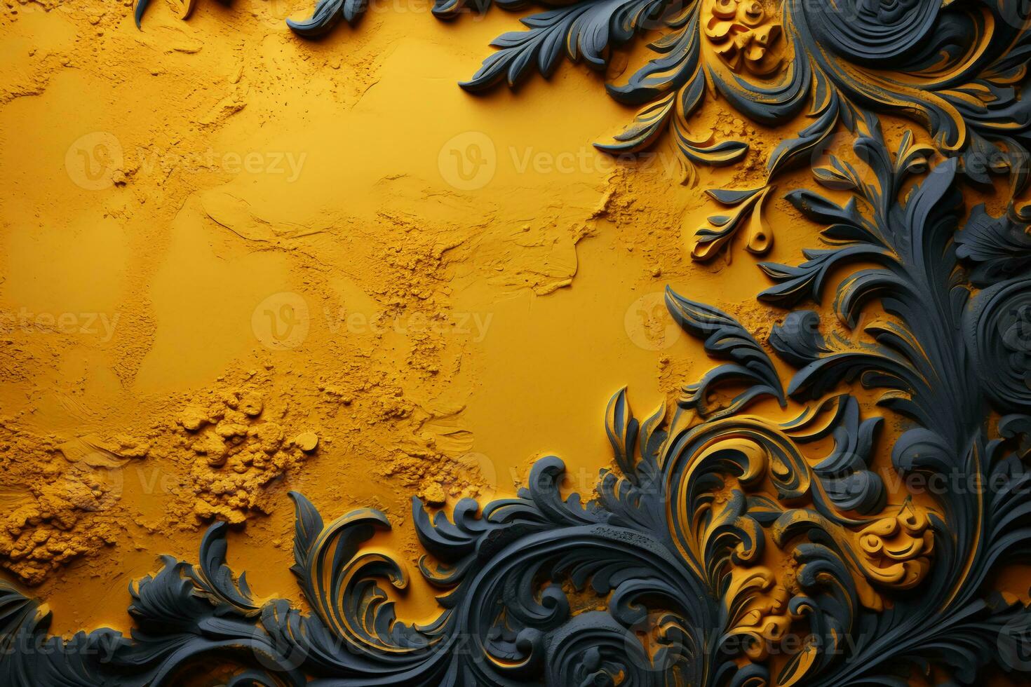 Horizontal or vertical grunge background with ethnicity ornaments and stucco texture of yellow color. AI generative photo