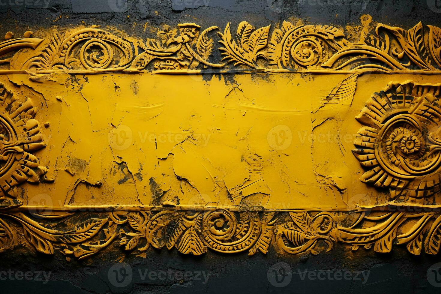 Horizontal or vertical grunge background with ethnicity ornaments and stucco texture of yellow color. AI generative photo