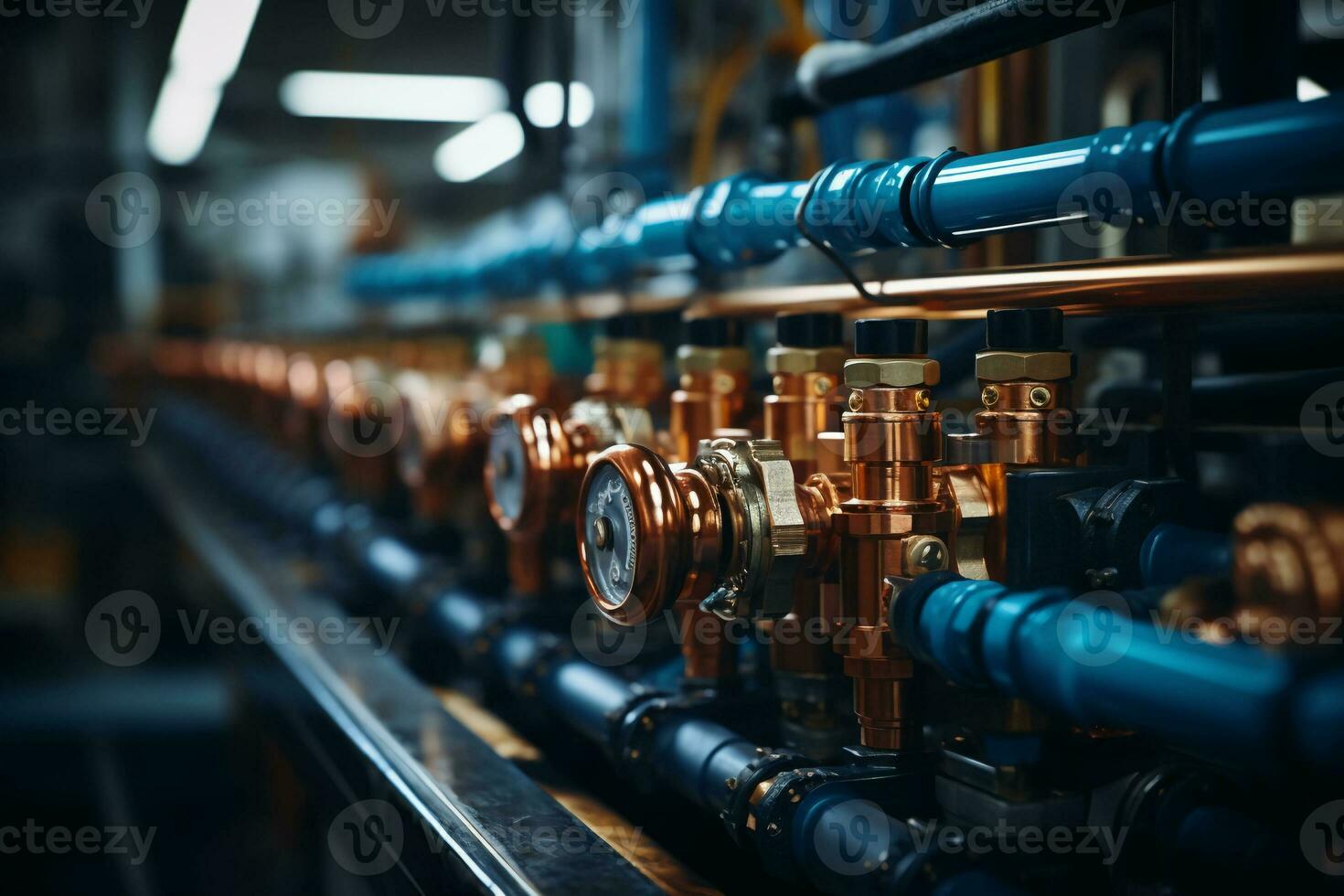 Plumbing service. copper pipeline of a heating system in boiler room. AI generative photo