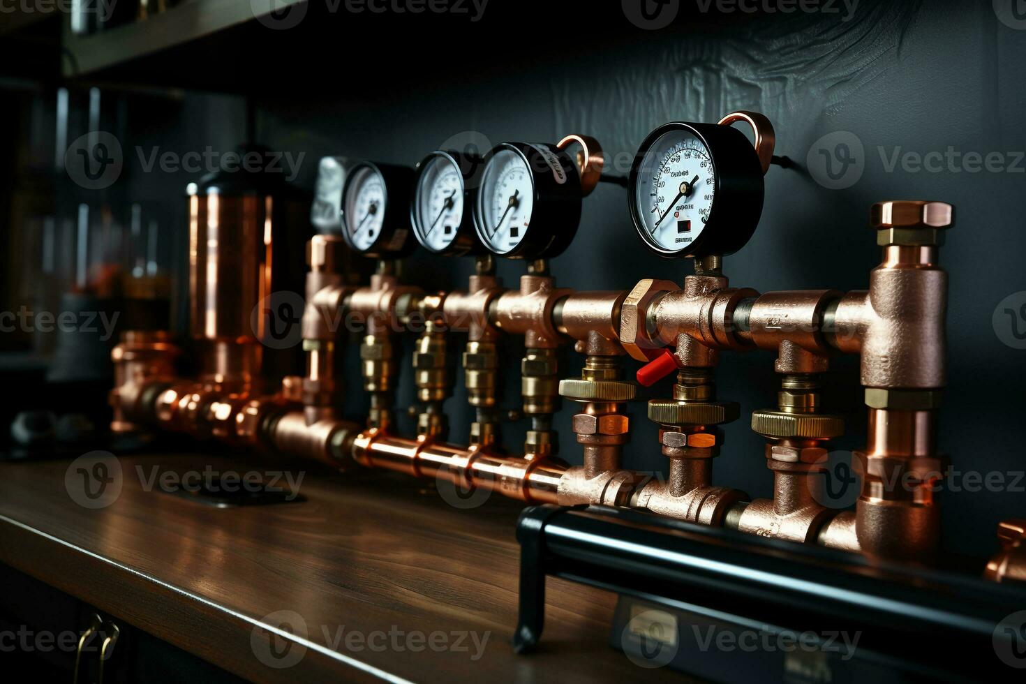 Plumbing service. copper pipeline of a heating system in boiler room. AI generative photo
