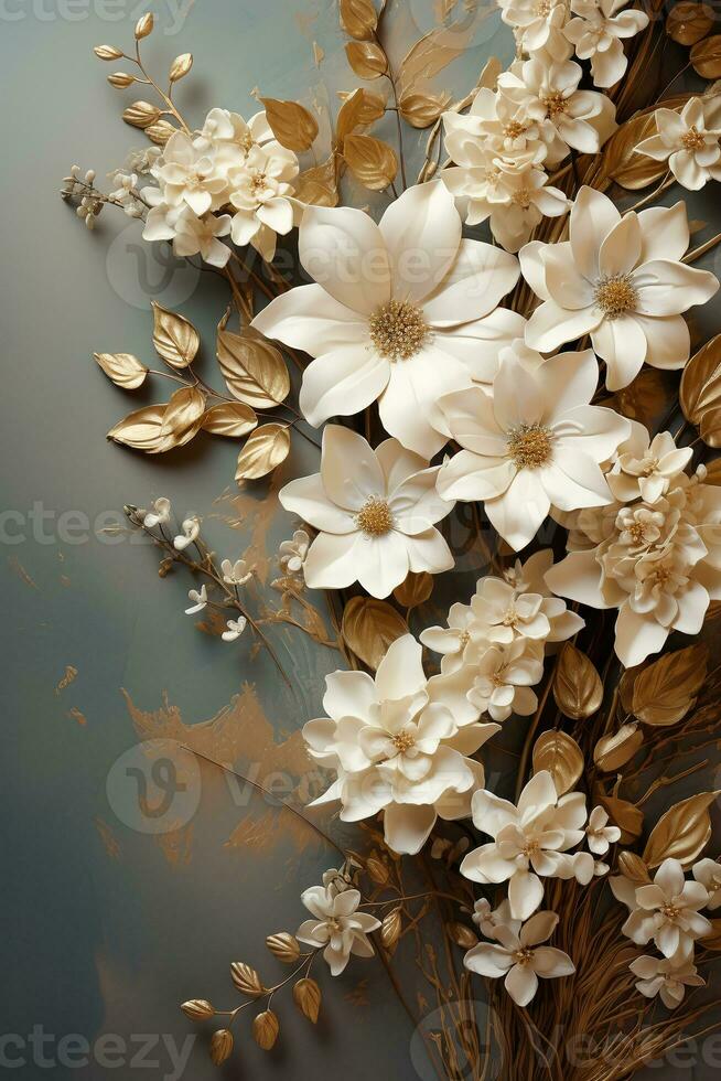 Serene beige textured background with gold swirl and white flower border. AI generative photo