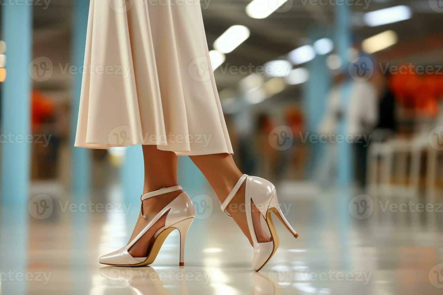 Zoom close up woman in flat shoes walking side view light and bright background indoor hyper realistic images. AI generative photo