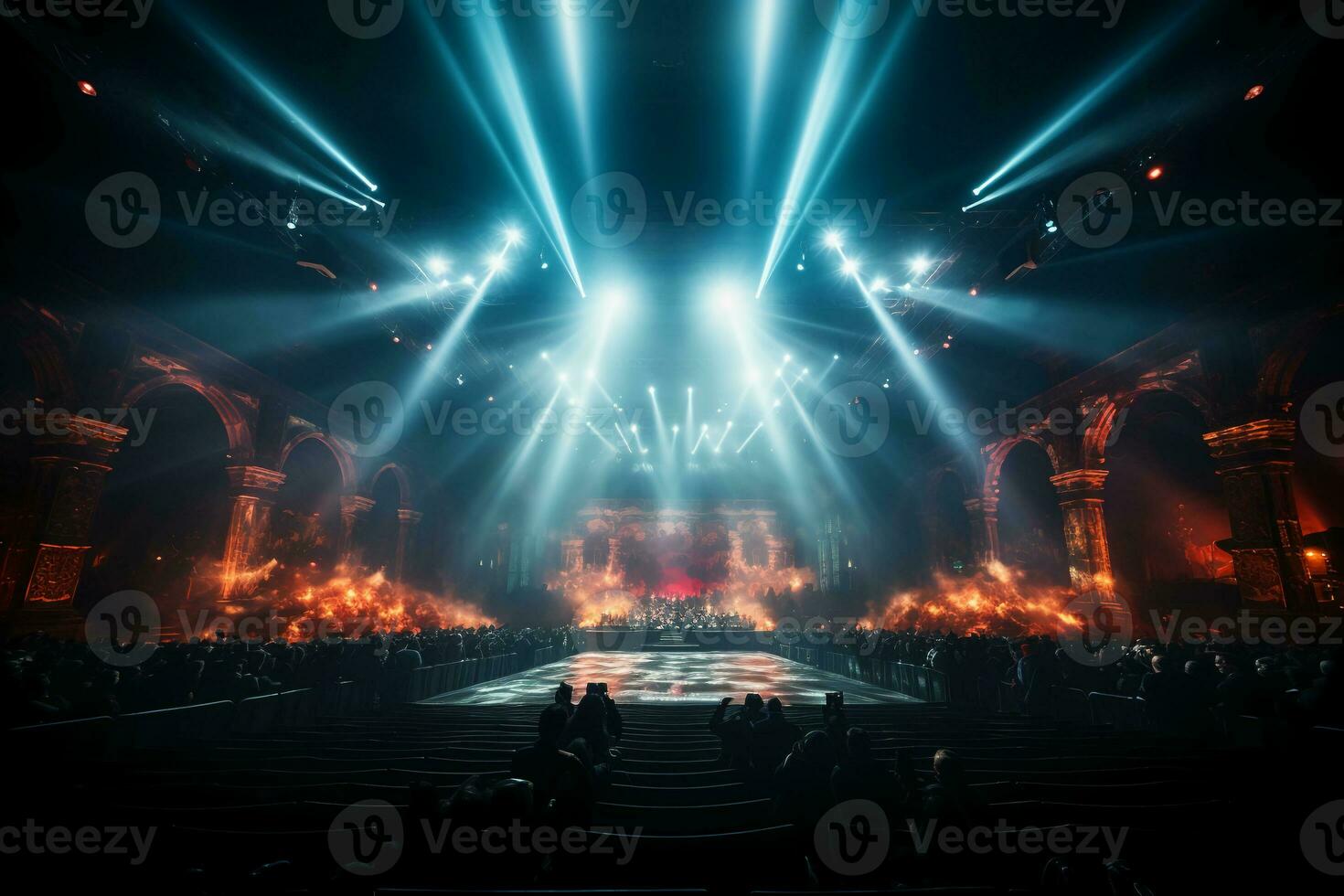 Concert stage with screen illuminated by spotlights. AI generative photo