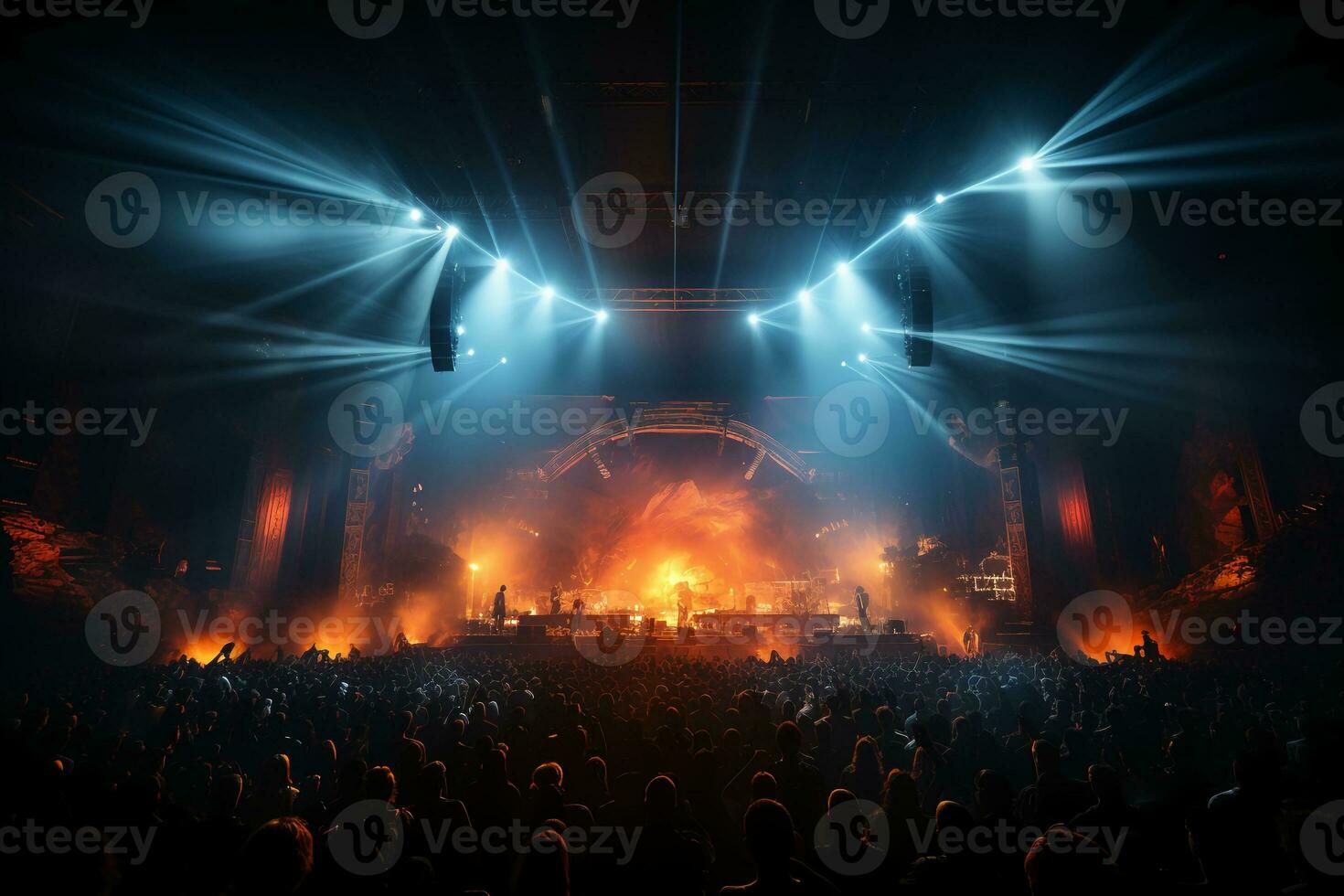 Concert stage with screen illuminated by spotlights. AI generative photo