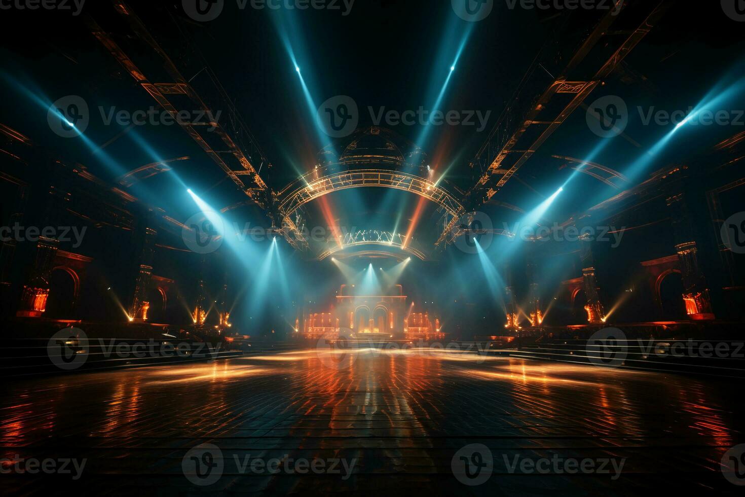 Concert stage with screen illuminated by spotlights. AI generative photo