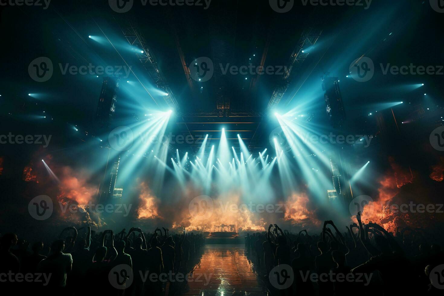 Concert stage with screen illuminated by spotlights. AI generative photo