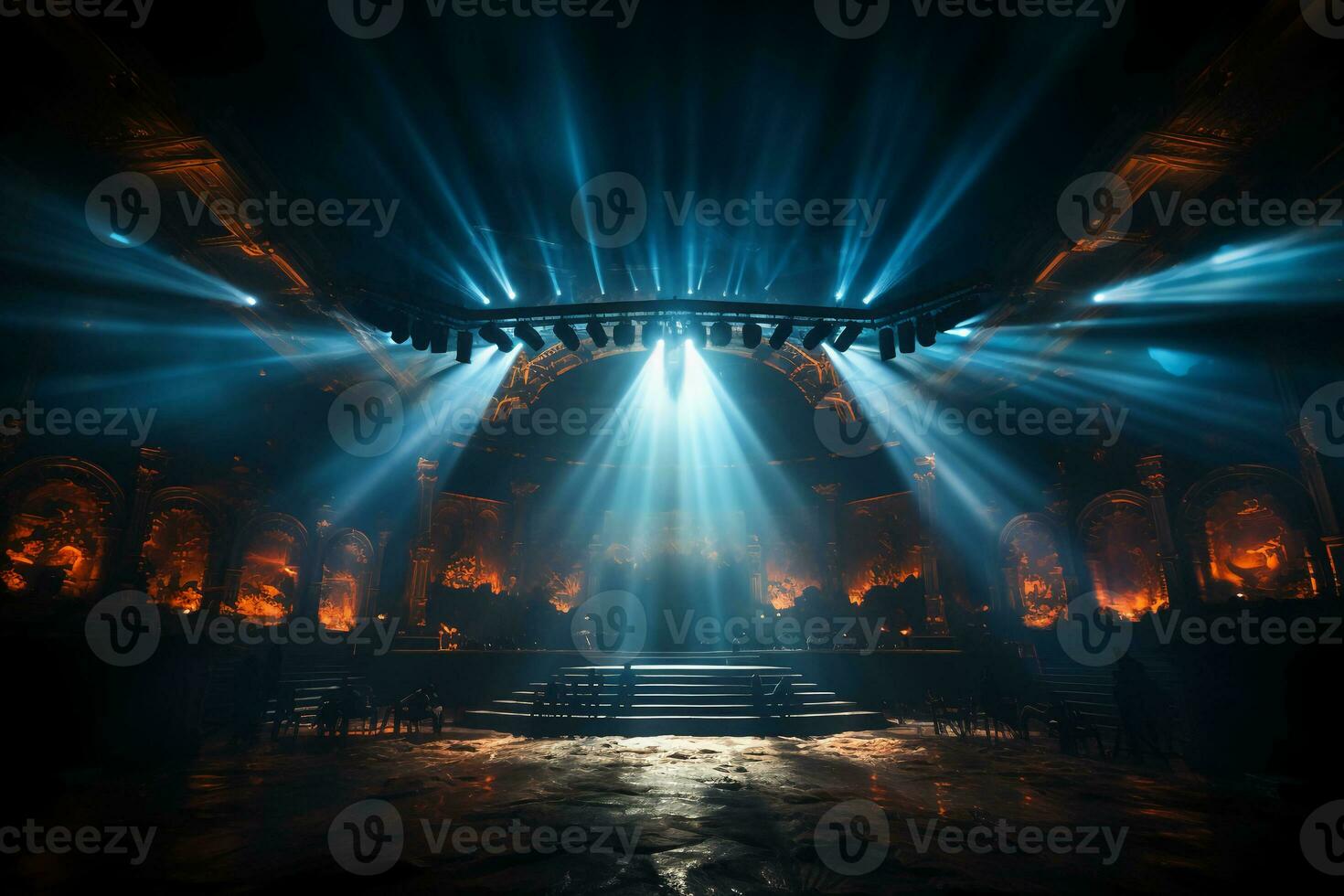 Concert stage with screen illuminated by spotlights. AI generative photo