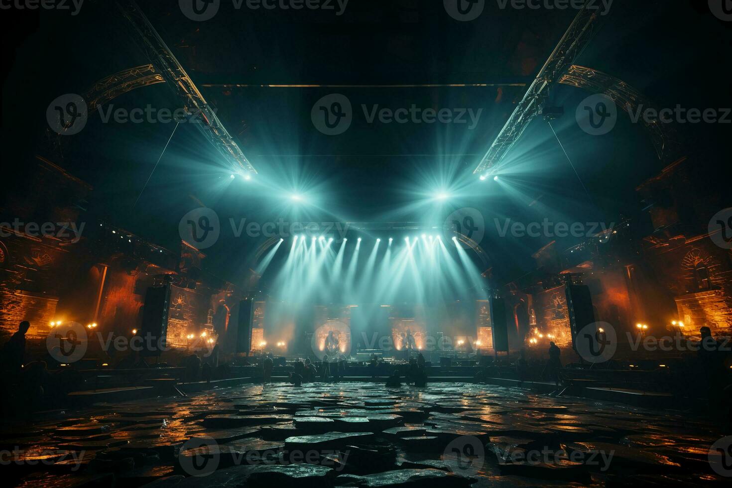 Concert stage with screen illuminated by spotlights. AI generative photo