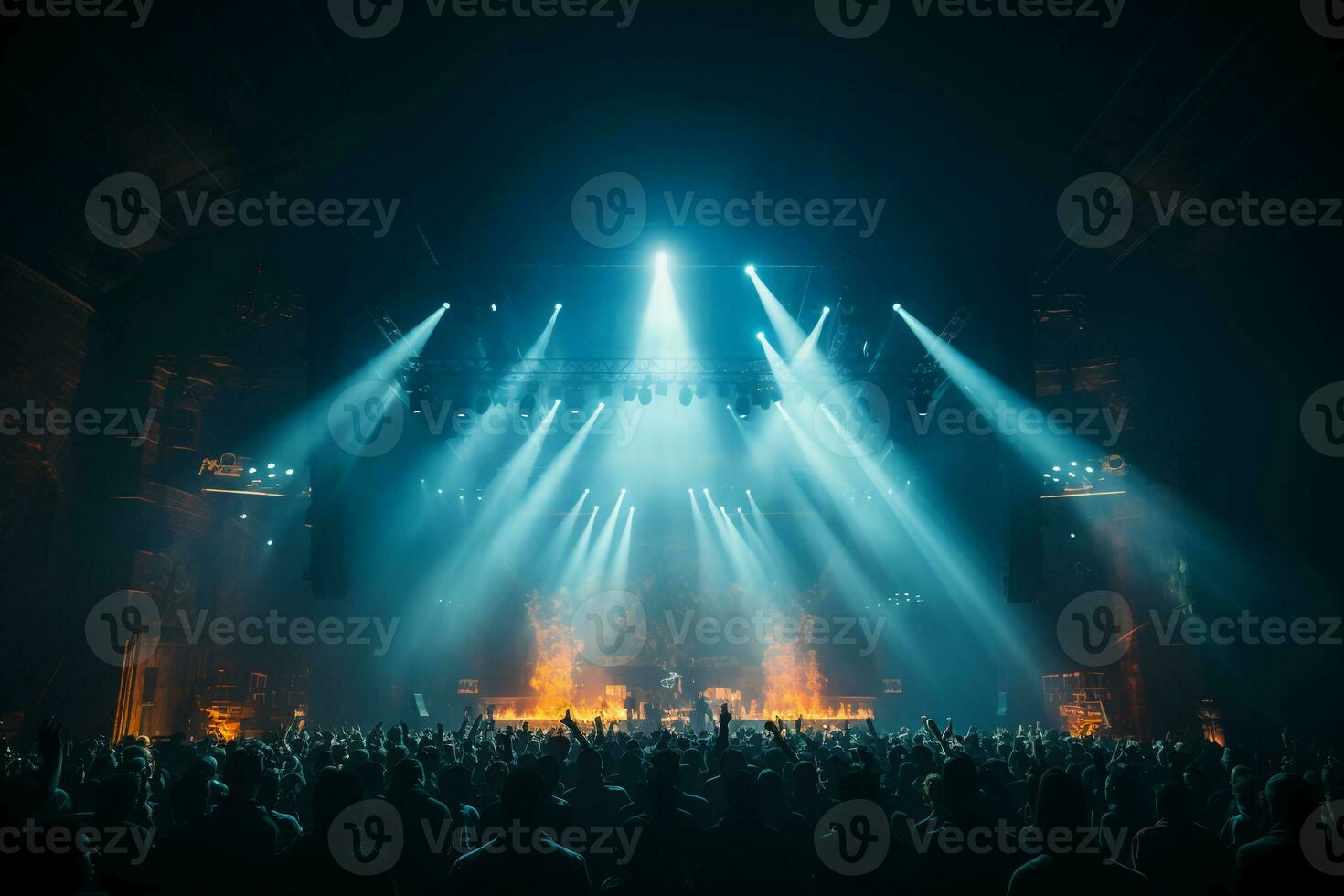 Concert stage with screen illuminated by spotlights. AI generative photo