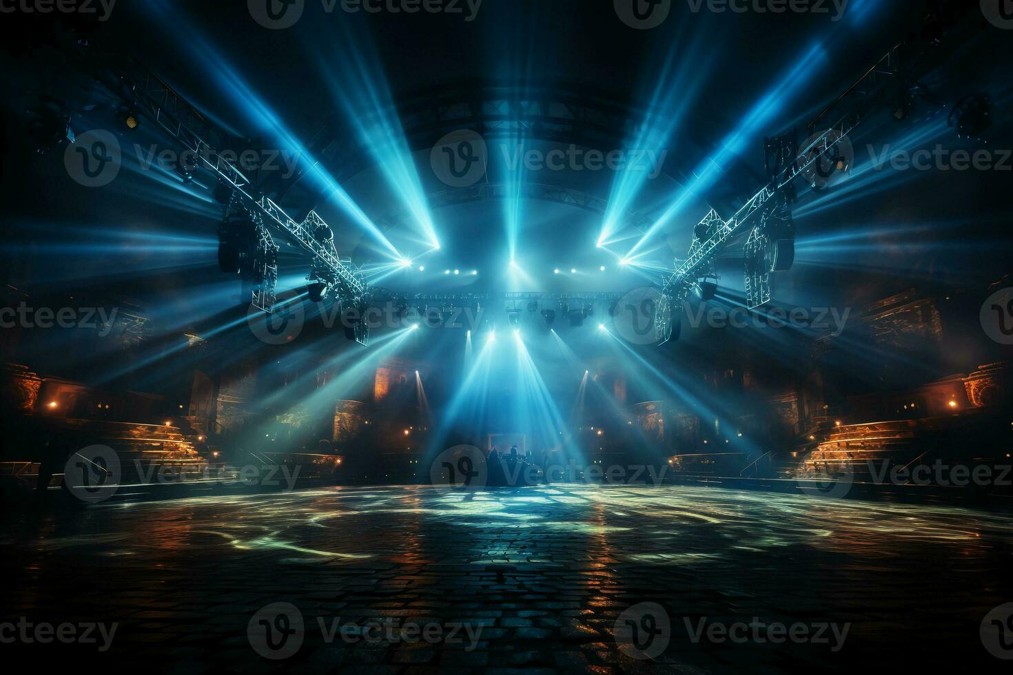 Concert stage with screen illuminated by spotlights. AI generative photo