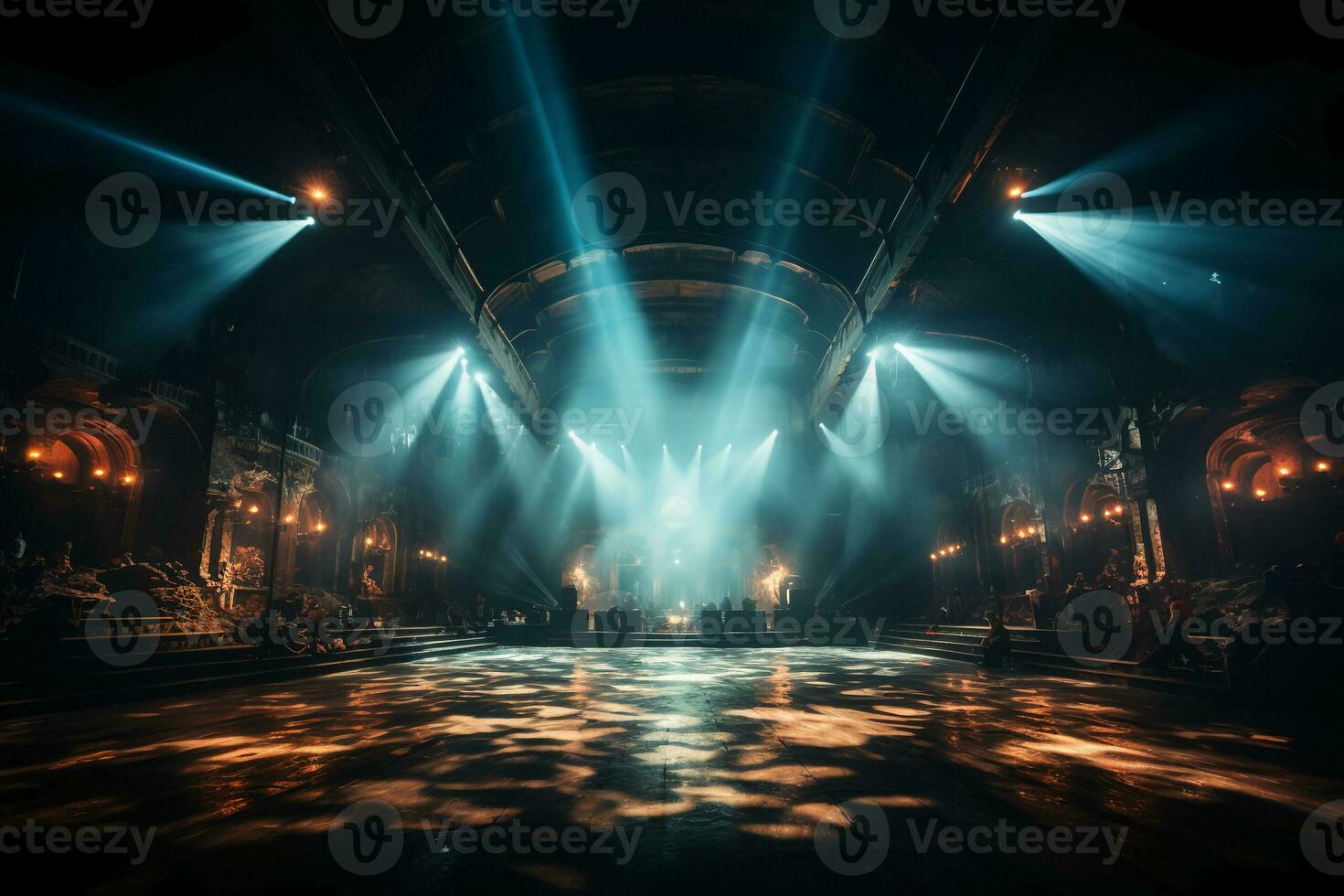 Concert stage with screen illuminated by spotlights. AI generative photo