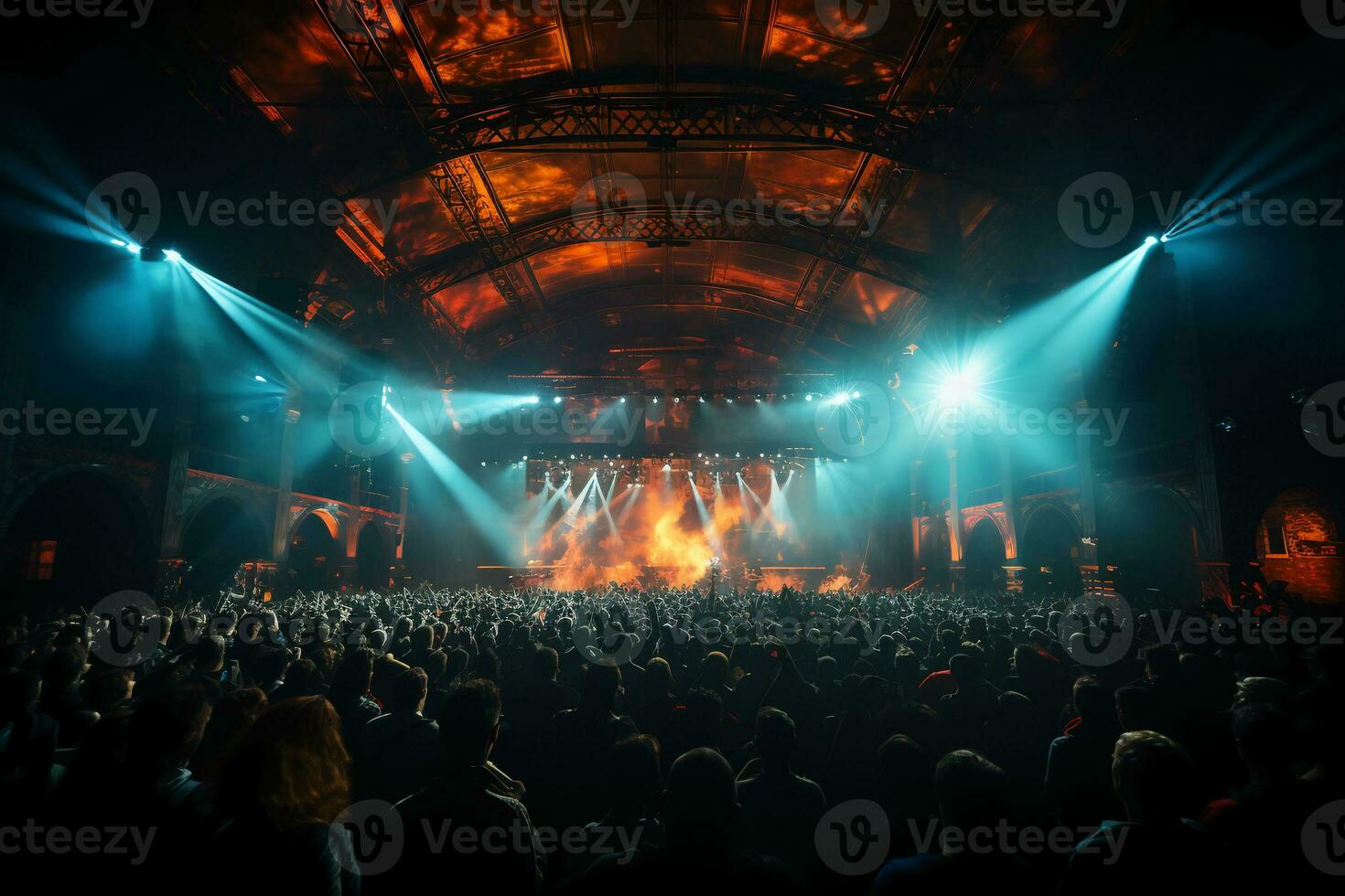 Concert stage with screen illuminated by spotlights. AI generative photo