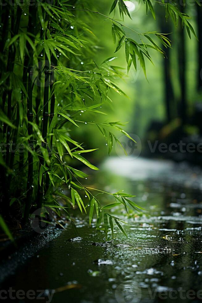 Foggy and rainy, bamboo forest. AI generative photo