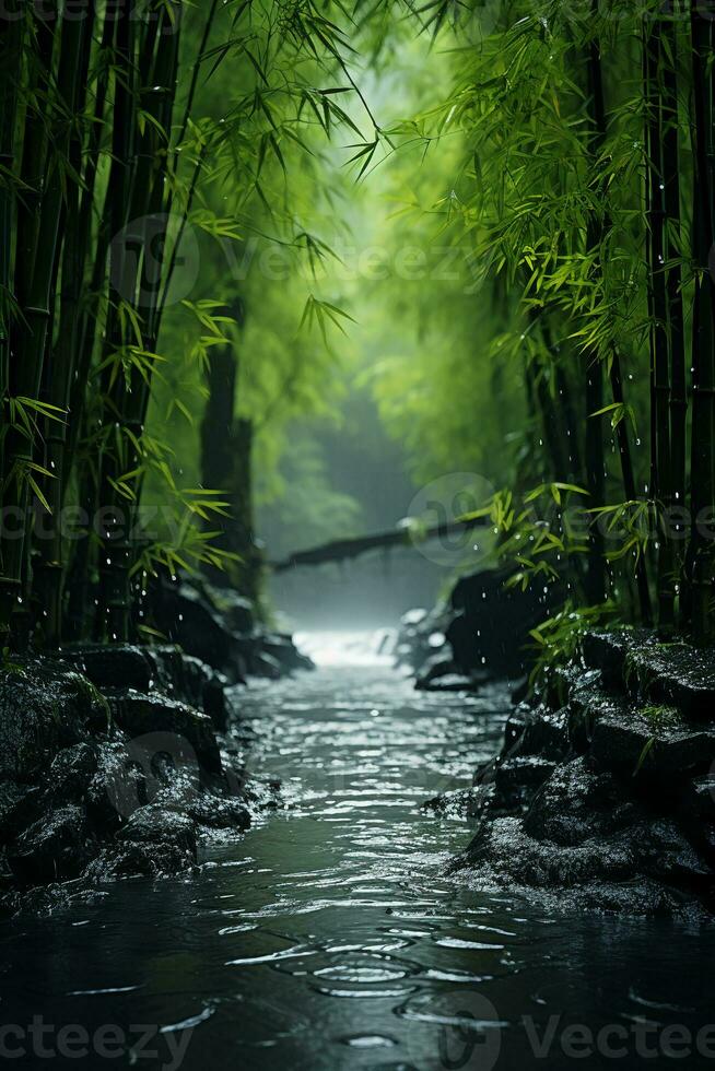 Foggy and rainy, bamboo forest. AI generative photo