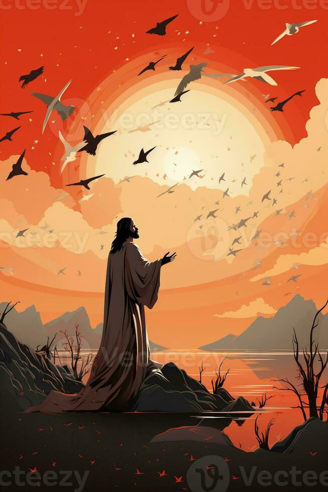 Jesus preaching to a large crowd full of people with birds in the sky. AI generative photo