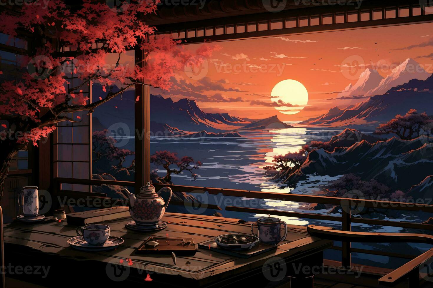Pixel art of a window with tea leaves. AI generative photo