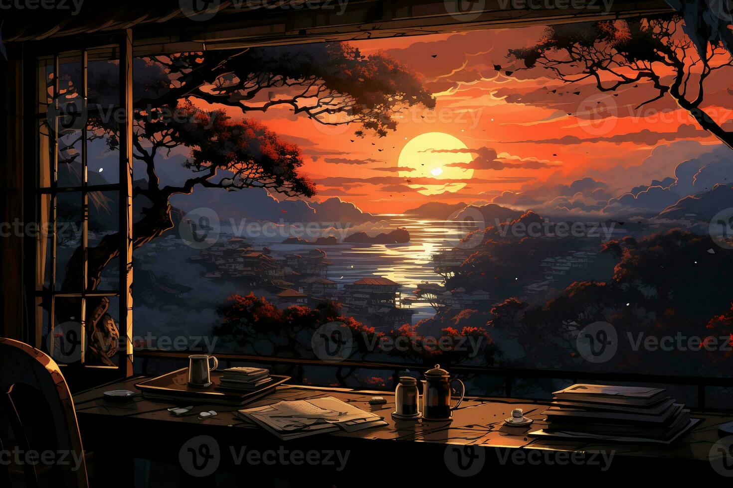 Pixel art of a window with tea leaves. AI generative photo