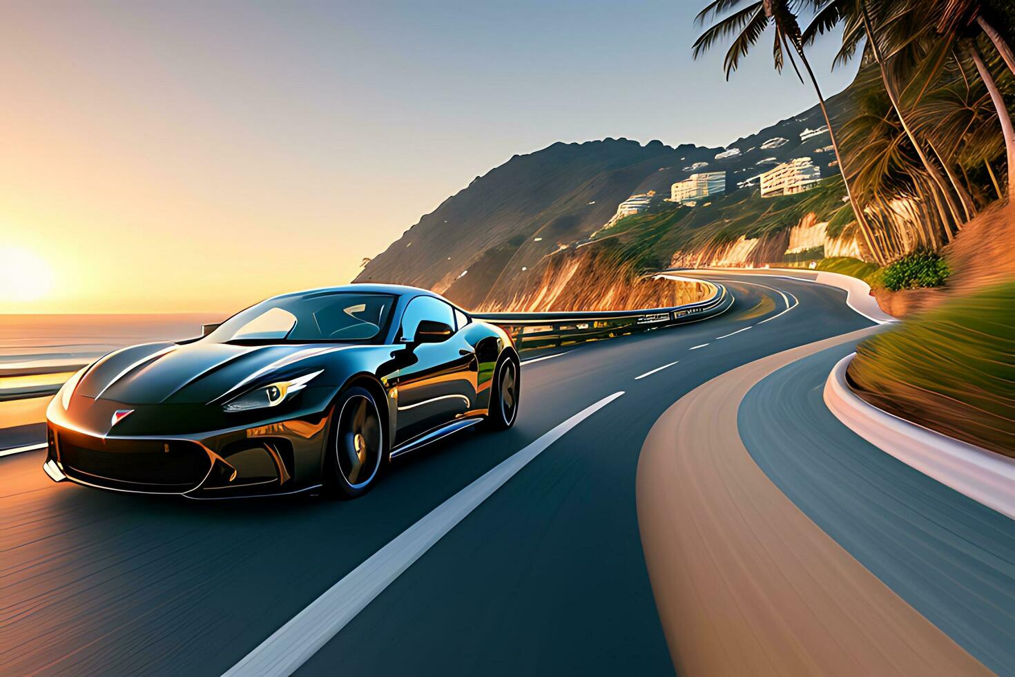 Sleek and Powerful Sports Car Speeding Along AI Generated photo