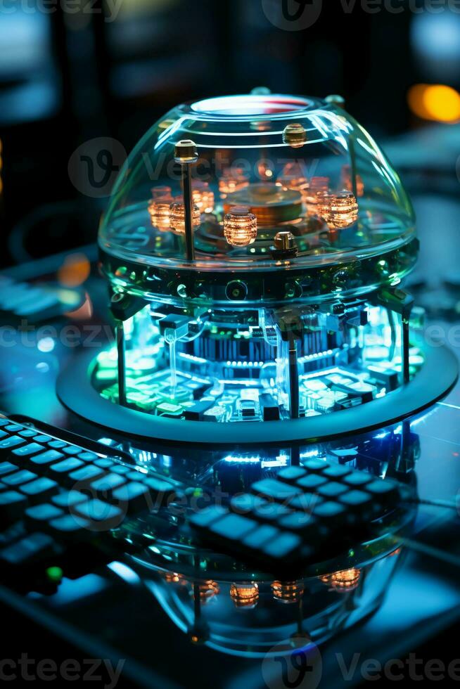 Computer database, light blue lighting, shallow. AI generative photo