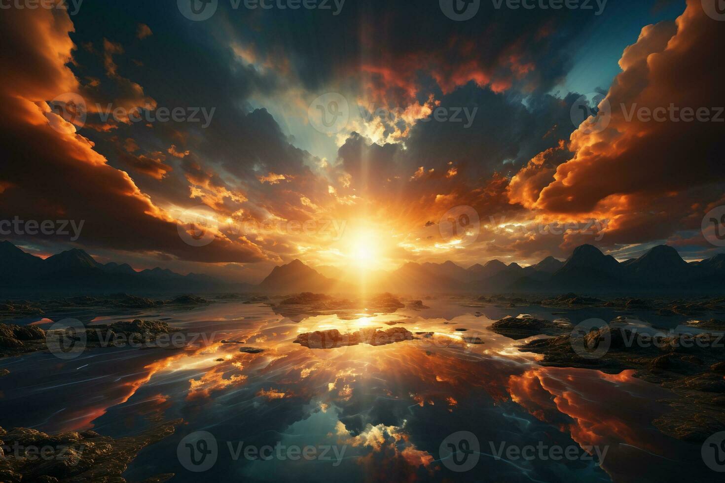 A picture of the sun's rays being reflected up towards the sky. AI generative photo