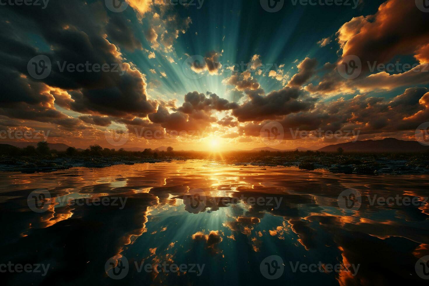 A picture of the sun's rays being reflected up towards the sky. AI generative photo