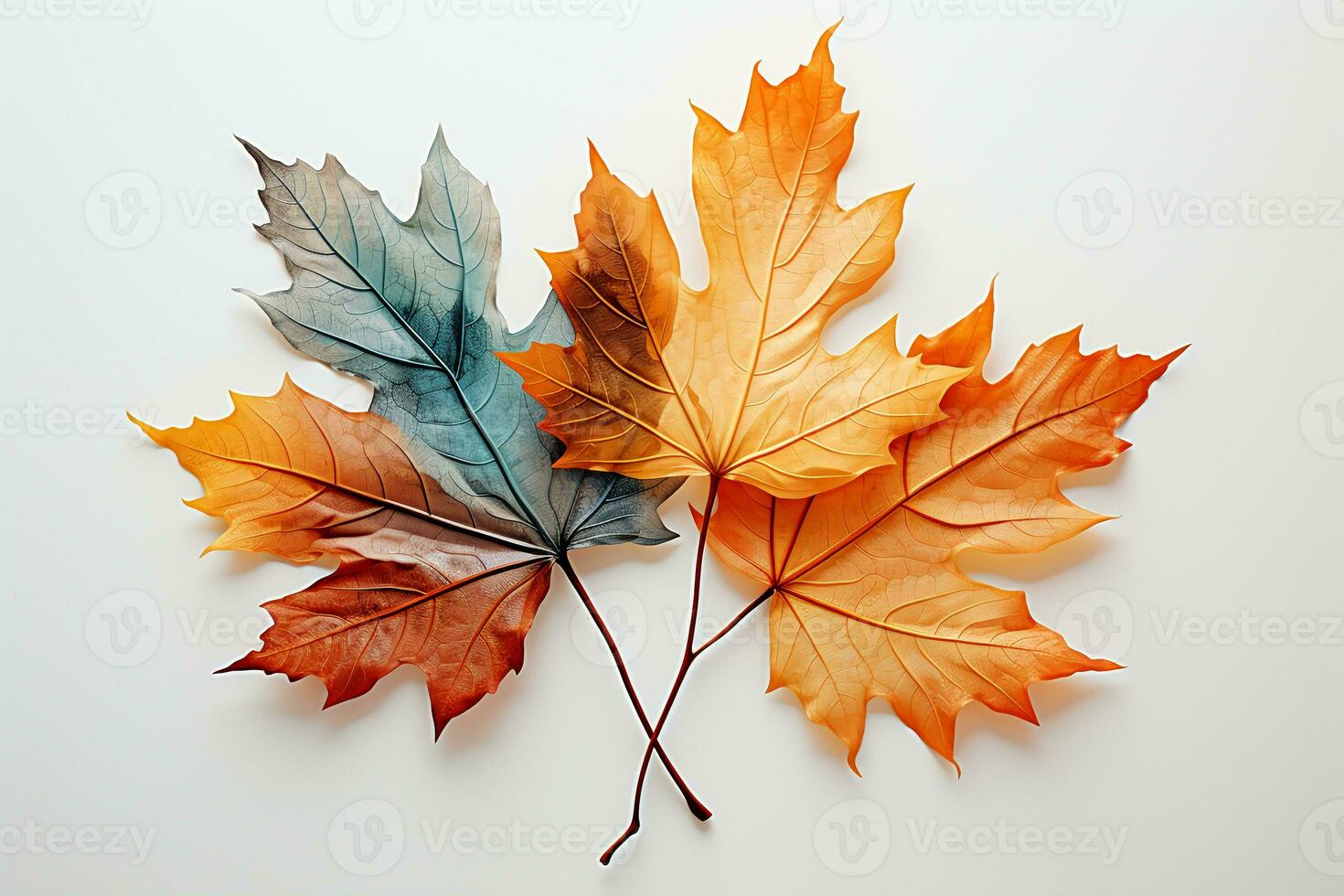 Autumn colored fall leaf isolated on transparent background overlay texture. AI generative photo