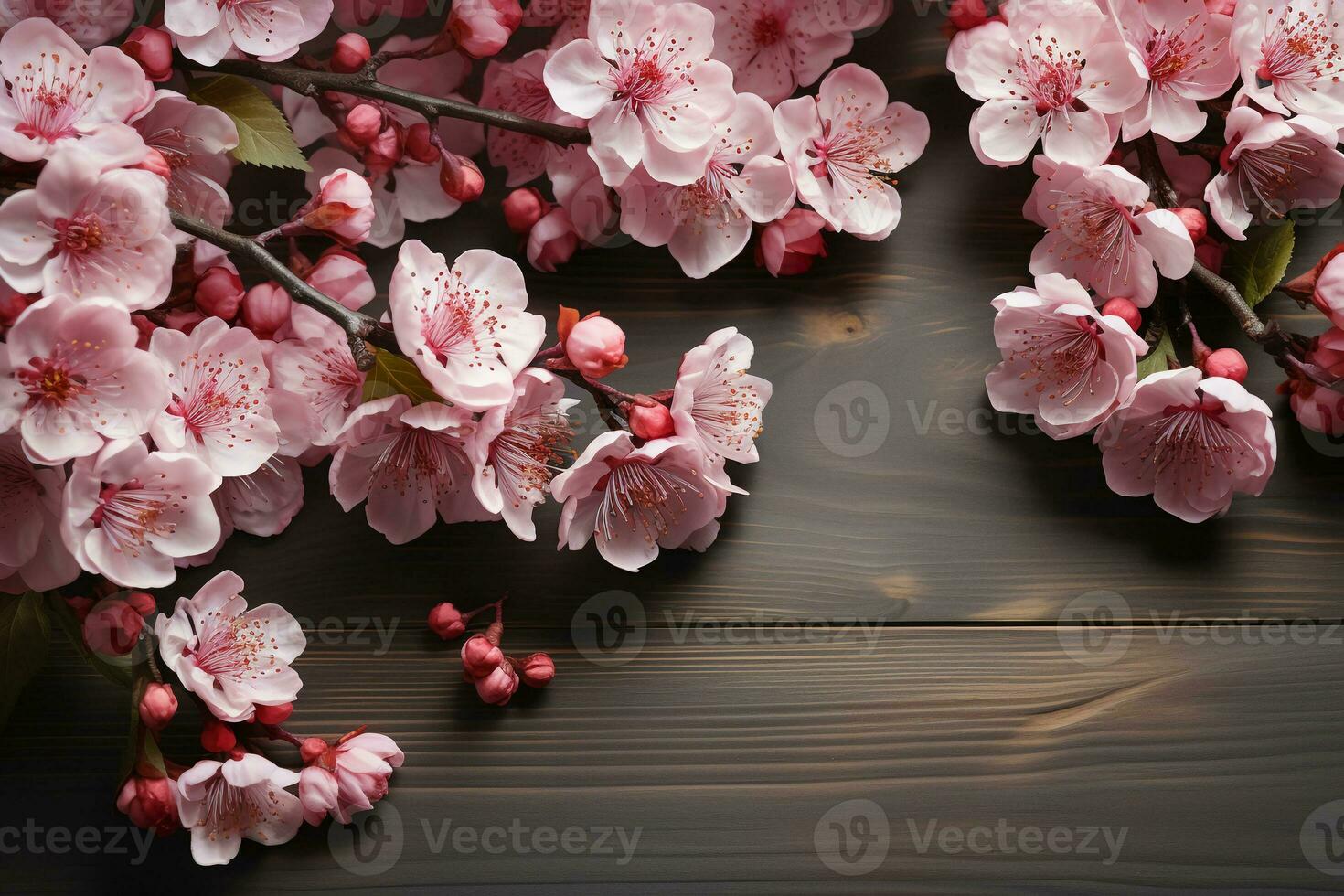 Japanese Sakura flower over a corner of a white wooden table background. AI generative photo