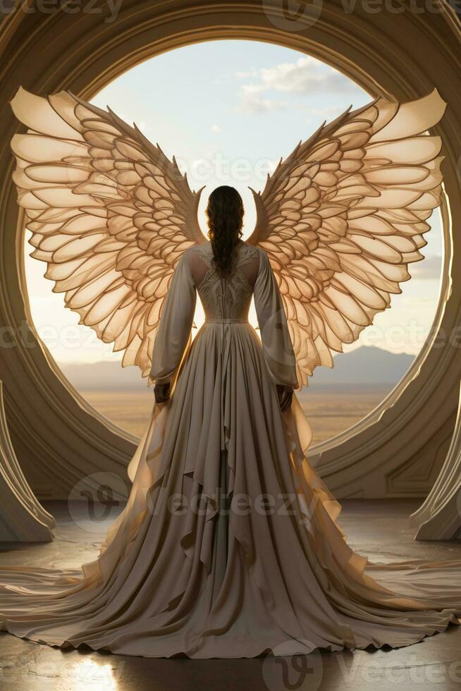 Back of a low angle sunrise fashion photoreal photograph like a movie poster of a beautiful winged Arch angel Michael wearing a white robe with a sword. AI generative photo