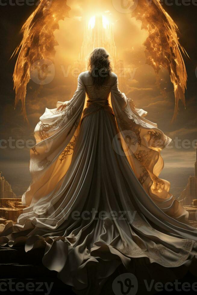 Back of a low angle sunrise fashion photoreal photograph like a movie poster of a beautiful winged Arch angel Michael wearing a white robe with a sword. AI generative photo