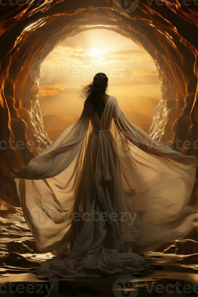 Back of a low angle sunrise fashion photoreal photograph like a movie poster of a beautiful winged Arch angel Michael wearing a white robe with a sword. AI generative photo
