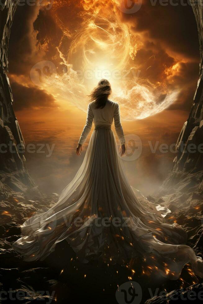 Back of a low angle sunrise fashion photoreal photograph like a movie poster of a beautiful winged Arch angel Michael wearing a white robe with a sword. AI generative photo