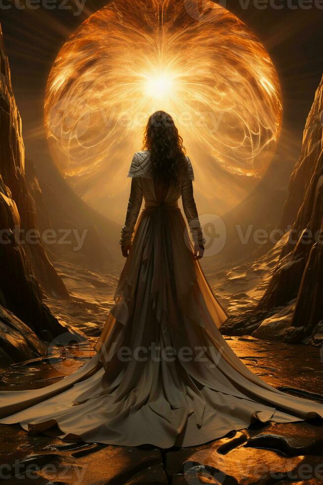 Back of a low angle sunrise fashion photoreal photograph like a movie poster of a beautiful winged Arch angel Michael wearing a white robe with a sword. AI generative photo