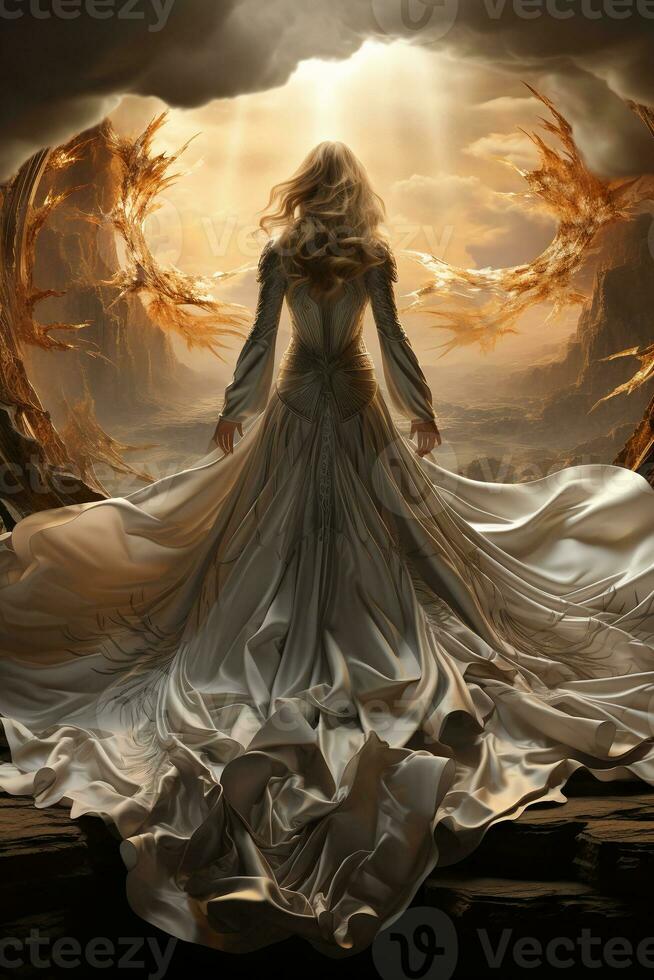 Back of a low angle sunrise fashion photoreal photograph like a movie poster of a beautiful winged Arch angel Michael wearing a white robe with a sword. AI generative photo
