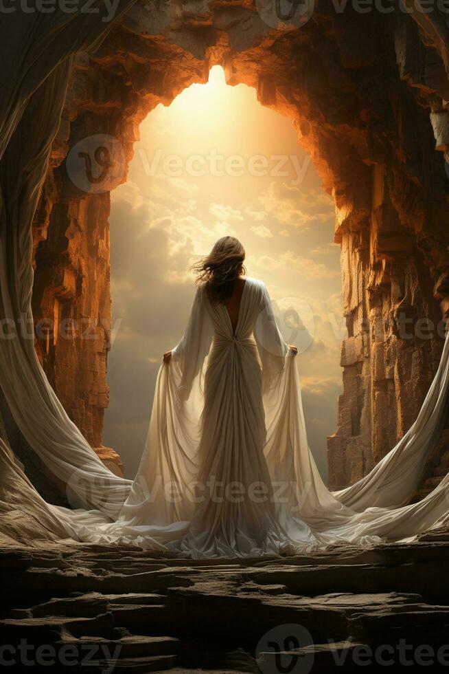 Back of a low angle sunrise fashion photoreal photograph like a movie poster of a beautiful winged Arch angel Michael wearing a white robe with a sword. AI generative photo