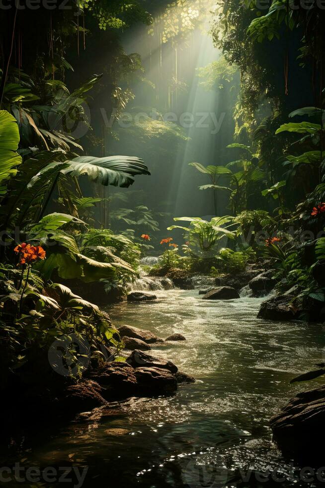 Photo of inside jungle with sun. AI generative