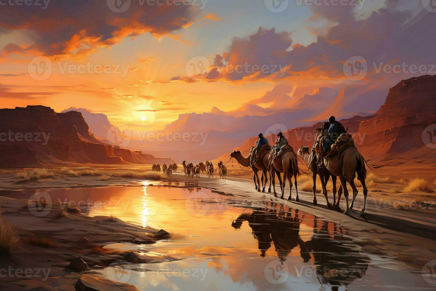 A colorful oil painting of a camel procession in the Desert. AI generative photo