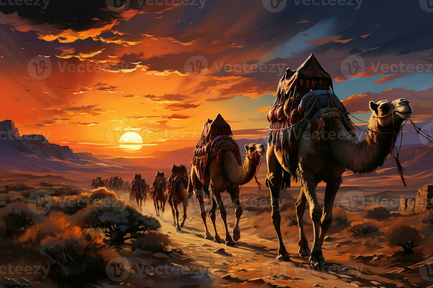 A colorful oil painting of a camel procession in the Desert. AI generative photo