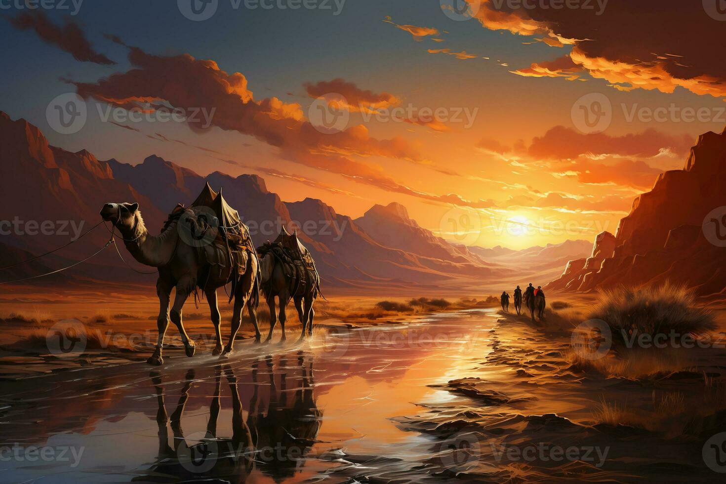 A colorful oil painting of a camel procession in the Desert. AI generative photo
