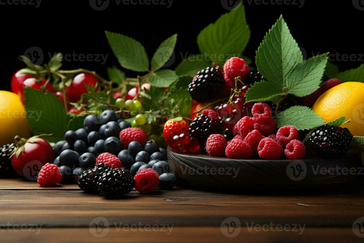 Background surrounded by fruits, Free space for your text. AI generative photo