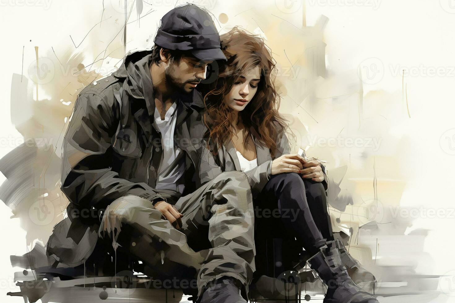 Fashion design sketch of homeless people, man and woman in the park. AI generative photo