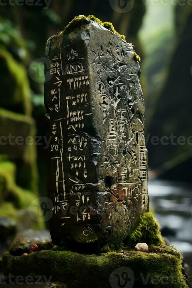 Ancient language on a rock. AI generative photo