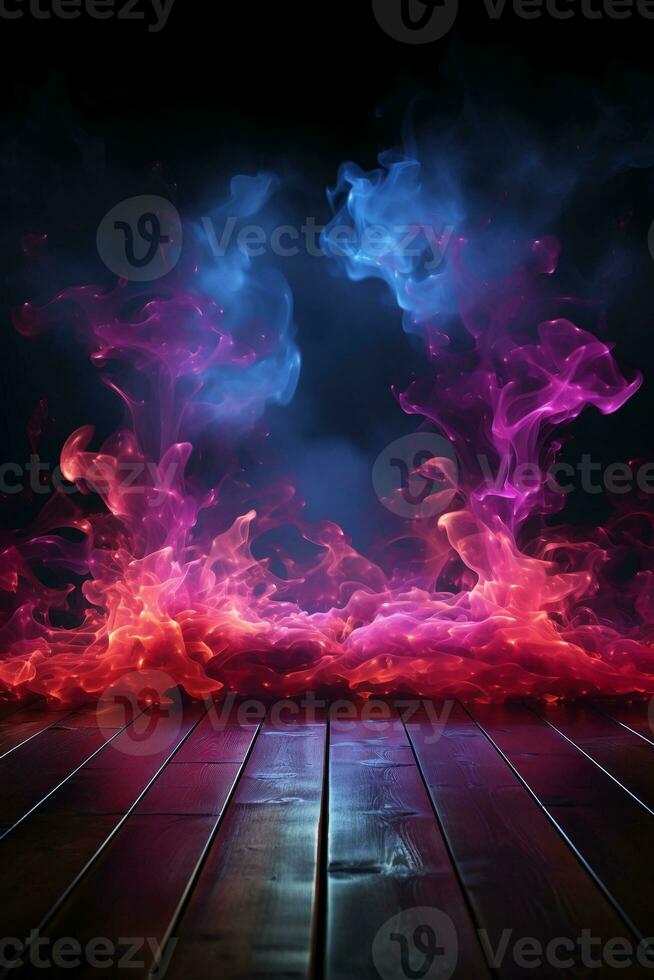 Background of empty dark scene with wooden old floor. Neon light smoke. AI generative photo