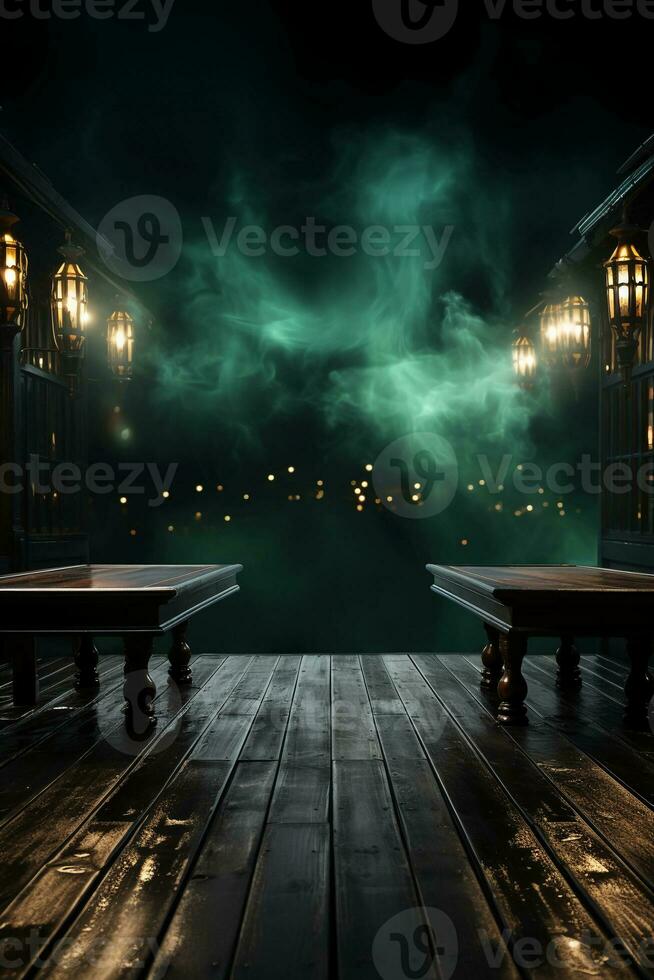 Background of empty dark scene with wooden old floor. Neon light smoke. AI generative photo