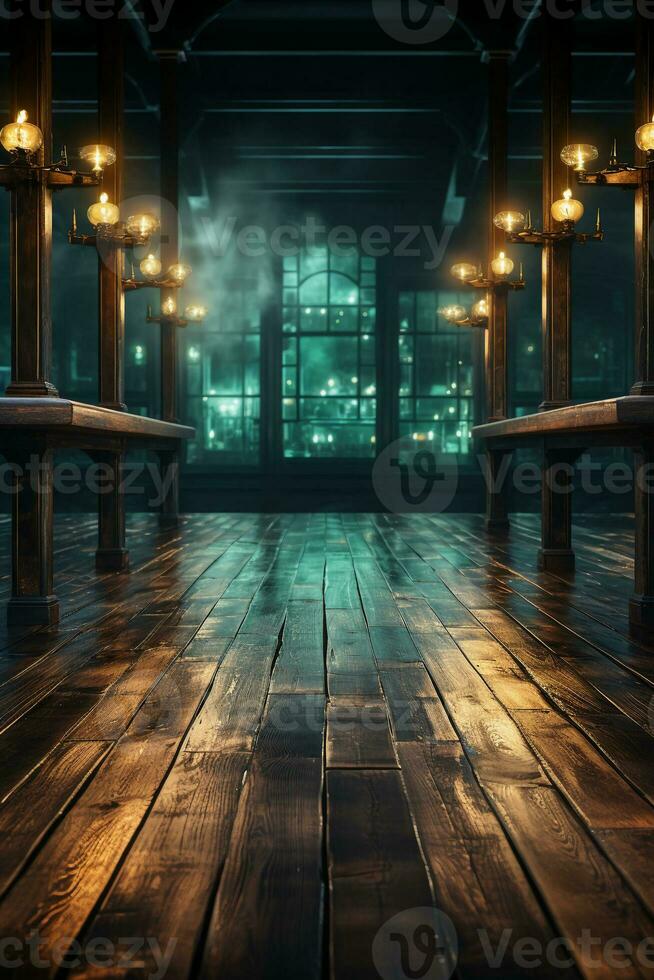 Background of empty dark scene with wooden old floor. Neon light smoke. AI generative photo