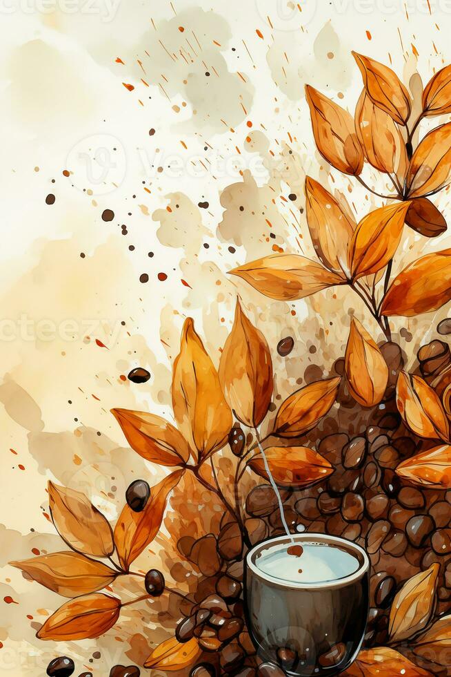 Beige background with coffee stains and autumn leaves in watercolor style. AI generative photo