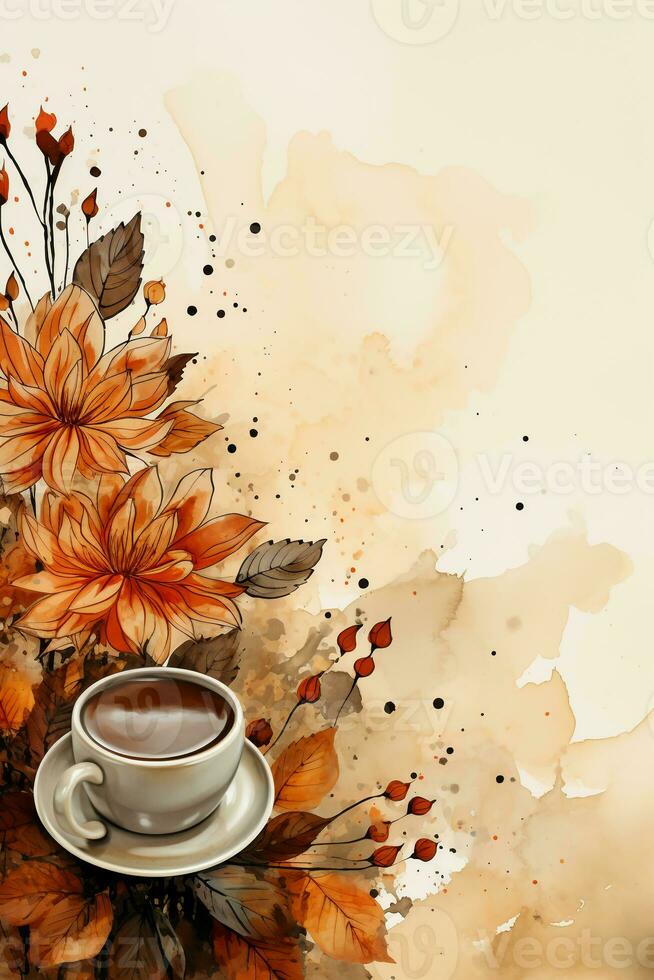 Beige background with coffee stains and autumn leaves in watercolor style. AI generative photo