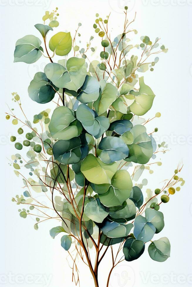 ilustración de eucalipto y leña menuda con hojas en acuarela. ai generativo foto