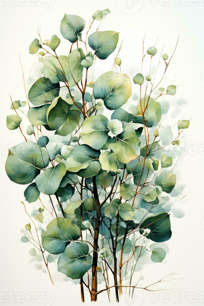 illustration of eucalyptus and twigs with leaves in watercolor. AI generative photo