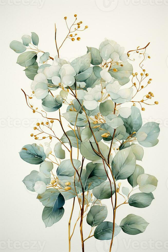 illustration of eucalyptus and twigs with leaves in watercolor. AI generative photo