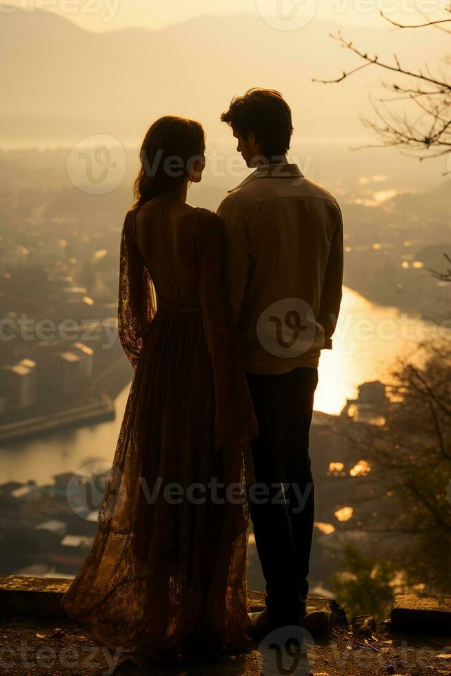 Pareja vistiendo vestir en el niebla de temprano Mañana. ai generativo foto